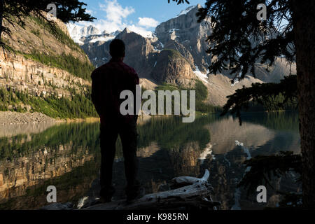 Silhouette di un uomo in piedi sul driftwood vicino al lago Foto Stock