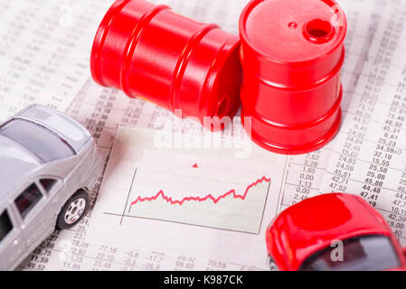 Diagramma con una curva ascendente circondato da auto e barili di olio. Foto Stock