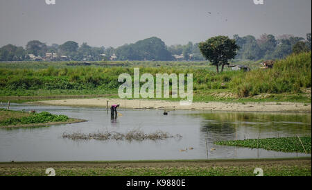 Un uomo per la cattura di pesce sul lago a giornata di sole a Mandalay, Myanmar. Foto Stock