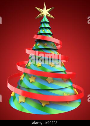 3d illustrazione dell albero di natale su sfondo rosso con stelle gialle ornamento Foto Stock