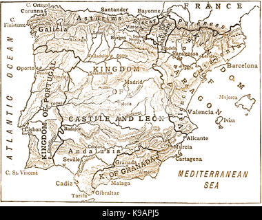 Un 1910 mappa mostrando i regni spagnoli durante il periodo 1263-1492 - Spagna secolo XI al XIII secolo tra cui il Portogallo Foto Stock