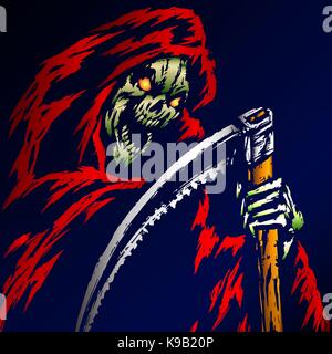 Morte rossa con una falce. sfondo blu. icona web. piatto isolato illustrazione vettoriale. apocalisse demone. ghost scheletro. Illustrazione Vettoriale