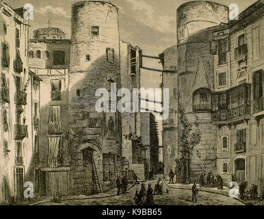 Spagna. La Catalogna. Barcellona. Due torri del vecchio muro romano (IV secolo), in Plaza Nueva (nuova piazza). Incisione di Capuz. 'La Ilustracion Española y Americana ", 1872. Foto Stock