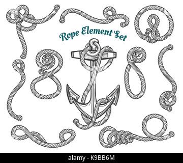 Set di disegnato a mano gli angoli delle corde e loop di corda di vettore di elementi di design. Illustrazione Vettoriale