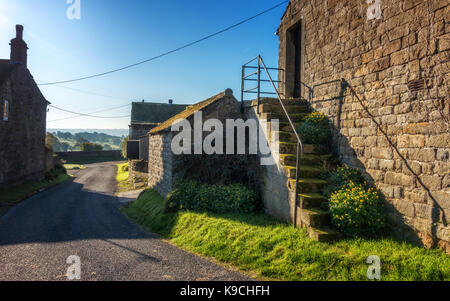Luminosa e allegra fotografia di edifici agricoli e da un fienile con gradini in pietra che conduce l'esterno dell'edificio, Stainburn, North Yorkshire, Regno Unito Foto Stock