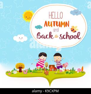 Addio estate. ciao autunno divertenti e sorridenti bambini Illustrazione Vettoriale