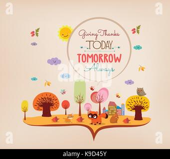 La Giornata del ringraziamento con divertenti animali Illustrazione Vettoriale