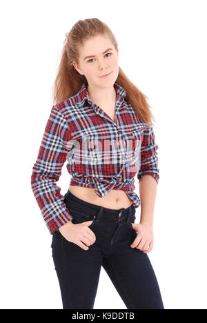 Ritratto di un felice Pretty girl in plaid shirt isolati su sfondo bianco Foto Stock