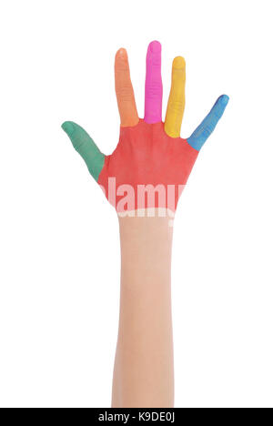 Mano del bambino dipinto acquerello, colorato e divertente isolati su sfondo bianco Foto Stock