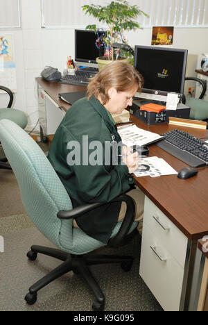 Femmina tecnico di impronte digitali seduta, classificazione e identificazione delle impronte digitali a una scrivania in una applicazione della legge facility, Florida USA. Foto Stock