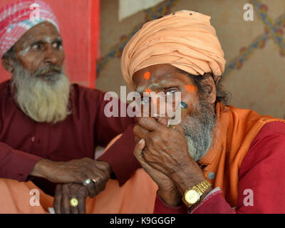 Vecchio sadhu con turban arancione e rosso marchio tilaka sulla sua fronte, per fumatori di hashish (marijuana) in un tubo chillum, tenendo il tubo con entrambe le mani Foto Stock