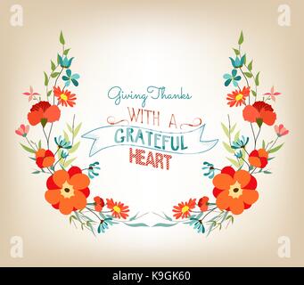 Sfondo floreale di ringraziamento biglietto di auguri con fiori decorativi Illustrazione Vettoriale