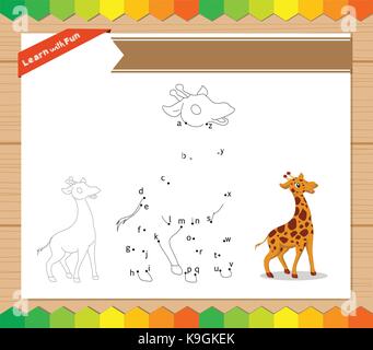Cartoon giraffa. Dot to Dot gioco educativo per bambini. Foglio di lavoro per la lettera alfabeto Illustrazione Vettoriale