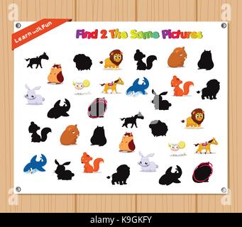 Trovare la stessa immagine gioco educativo per bambini in età prescolare con animali Illustrazione Vettoriale