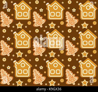 Natale seamless pattern con gingerbread house e cookie I cookie infinite texture. vacanze invernali, sfondi sfondo. illustrazione vettoriale. Illustrazione Vettoriale