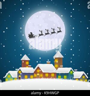 Christmas Santa Claus battenti su di una slitta al di sopra del villaggio di inverno con la luna piena. Buon Natale e felice anno nuovo sfondo per il messaggio di saluto o codice di avviamento postale Illustrazione Vettoriale
