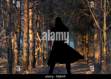 Scary figura nel mantello nero nella foresta, dissaturato immagine Foto Stock