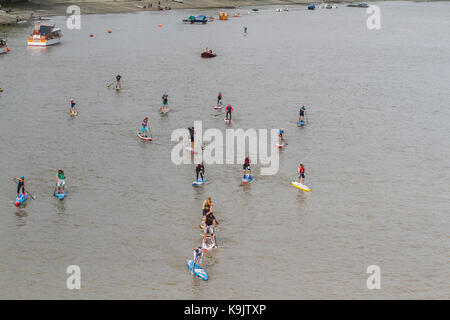 Putney Londra, Regno Unito. 23 Sep, 2017. Putney Canoa Club prendere parte in una racchetta gara di imbarco sul Fiume Tamigi in una calda giornata d'autunno.rematori remato 20 km da Putney a Westminster e indietro. Credito: amer ghazzal/Alamy Live News Foto Stock