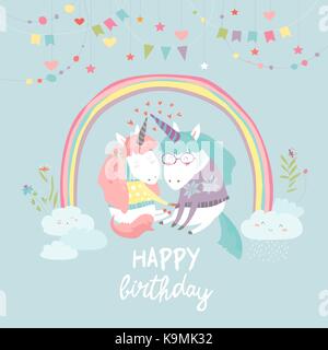 Scheda carino con fata unicorns nell'amore Illustrazione Vettoriale