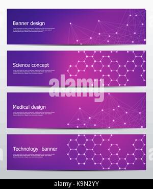 Scientifico e Tecnologico di banner con struttura di particelle molecolari e ATOM. Abstract poligonale dello sfondo. Illustrazione Vettoriale. Illustrazione Vettoriale