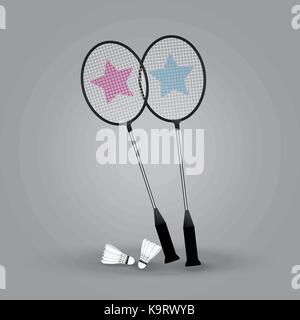 Due badminton racchette con volano su sfondo grigio, illustrazione vettoriale. Illustrazione Vettoriale
