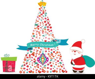 Merry Christmas tree con fiori Illustrazione Vettoriale