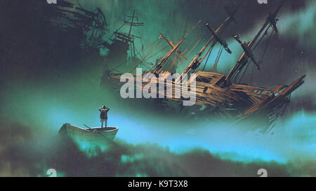 Paesaggio surreale di un uomo su una barca in spazio esterno con le nuvole guardando nave abbandonati, arte digitale stile, illustrazione pittura Foto Stock