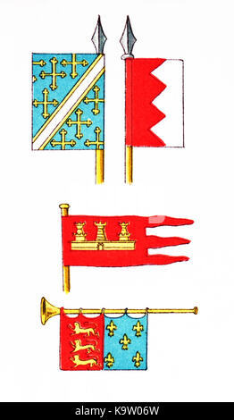 Nella parte superiore sono mostrati due standard. Al centro è un castigliano ensign. In fondo è una tromba con un banner che mostra i lions dilagante e Fleur de Lis. Tutti sono europei e data al XIII secolo, 1200-1300.L'illustrazione risale al 1882. Foto Stock