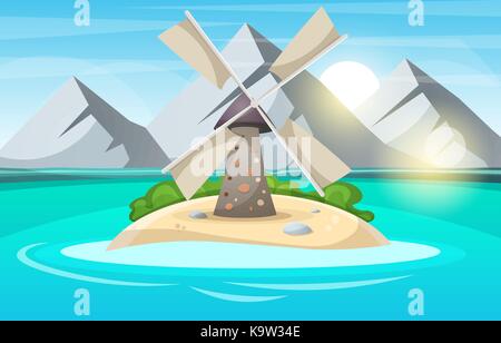 Isola cartoon. montagna, sole, cloud, mulino a vento e mare e Bush. Illustrazione Vettoriale