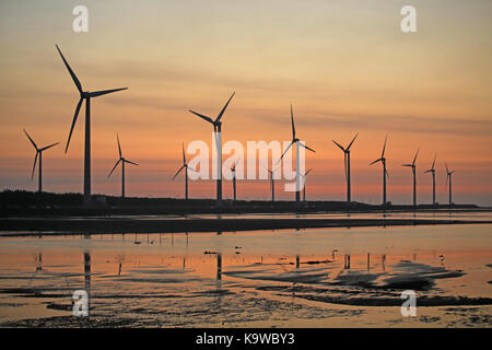 Zone umide gaomei scenario , uno di Taiwan landmark. tramonto della fattoria eolica presso gaomei wetland rifugio, Taiwan Foto Stock