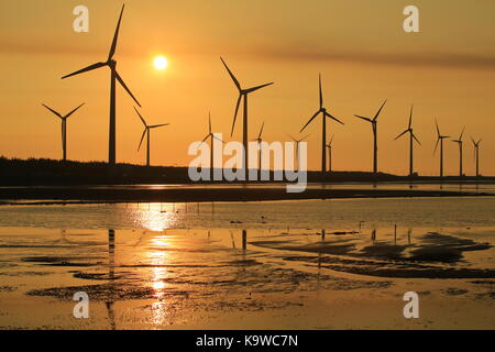 Zone umide gaomei scenario , uno di Taiwan landmark. tramonto della fattoria eolica presso gaomei wetland rifugio, Taiwan Foto Stock