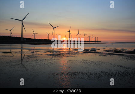 Zone umide gaomei scenario , uno di Taiwan landmark. tramonto della fattoria eolica presso gaomei wetland rifugio, Taiwan Foto Stock