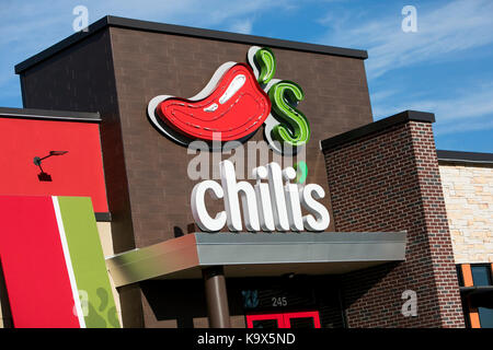 Un segno del logo al di fuori di un Chili's Grill & Bar ristorante posizione di hagerstown, Maryland il 23 settembre 2017. Foto Stock