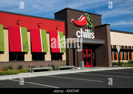 Un segno del logo al di fuori di un Chili's Grill & Bar ristorante posizione di hagerstown, Maryland il 23 settembre 2017. Foto Stock