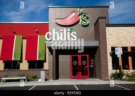 Un segno del logo al di fuori di un Chili's Grill & Bar ristorante posizione di hagerstown, Maryland il 23 settembre 2017. Foto Stock