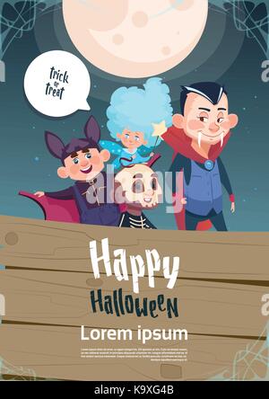 Happy halloween Trick or Treat banner simpatici ragazzi mostri biglietto di auguri Illustrazione Vettoriale