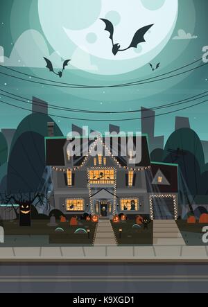 Casa decorata per halloween home edificio vista anteriore con diverse varietà di zucche, pipistrelli vacanze concetto celebrazione Illustrazione Vettoriale