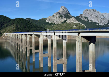 Gilbo e Pézenas pintas in montagna sopra riano, nel nord della Spagna, con la causeway attraverso il serbatoio di riano Foto Stock