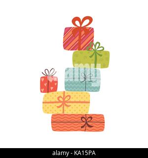 Grande pila di colorato avvolto confezioni regalo. un sacco di regali. Illustrazione Vettoriale