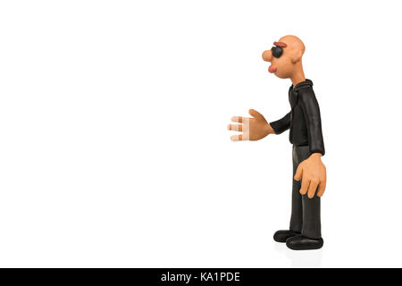 Bald plastilina uomo stese la mano per una stretta di mano isolati su sfondo bianco Foto Stock