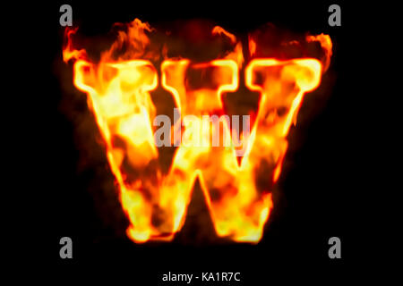 Fire lettera w di fiamma di fuoco luce, 3d rendering isolati su sfondo nero Foto Stock