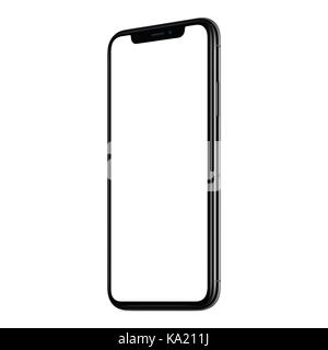 Smartphone mockup simile a iPhone X. nuovo e moderno cornice nera inclinata in senso orario mockup dello smartphone con schermo bianco. Isolato su sfondo bianco. Foto Stock