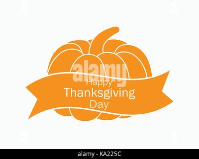 Felice giorno del ringraziamento. zucca e nastro su sfondo bianco. banner celebrativo. illustrazione vettoriale Illustrazione Vettoriale