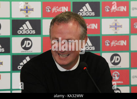 Belfast, Irlanda. Xxv Sep, 2017. stadio nazionale a windsor park nord di Belfast, Irlanda. Xxv Sep, 2017. Irlanda del Nord manager Michael O'neill chiamato la sua squadra oggi per la prossima Coppa del mondo di giochi di qualificazione contro la Germania (05/10/17) e Norvegia (08/10/17). ci sono stati due nuovi giocatori denominato nella squadra - Giordania jones (kilmarnock) e George saville (millwall). Credito: David hunter/alamy live news Foto Stock