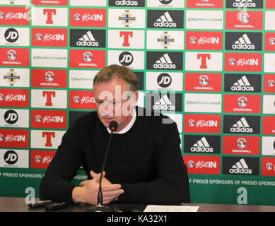 Belfast, Irlanda. Xxv Sep, 2017. stadio nazionale a windsor park nord di Belfast, Irlanda. Xxv Sep, 2017. Irlanda del Nord manager Michael O'neill chiamato la sua squadra oggi per la prossima Coppa del mondo di giochi di qualificazione contro la Germania (05/10/17) e Norvegia (08/10/17). ci sono stati due nuovi giocatori denominato nella squadra - Giordania jones (kilmarnock) e George saville (millwall). Credito: David hunter/alamy live news Foto Stock