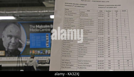 Belfast, Irlanda. Xxv Sep, 2017. stadio nazionale a windsor park nord di Belfast, Irlanda. Xxv Sep, 2017. Irlanda del Nord manager Michael O'neill chiamato la sua squadra oggi per la prossima Coppa del mondo di giochi di qualificazione contro la Germania (05/10/17) e Norvegia (08/10/17). ci sono stati due nuovi giocatori denominato nella squadra - Giordania jones (kilmarnock) e George saville (millwall). Credito: David hunter/alamy live news Foto Stock