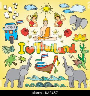 Io amo la Thailandia . Impostare il thai vettore del colore delle icone e simboli , illustrazione vettoriale Illustrazione Vettoriale
