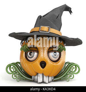Zucca di halloween jack o lantern donna con cappello strega 3D render illustrazione isolati su sfondo bianco Foto Stock