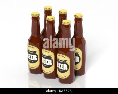 3D six pack raccolta di birra bottiglie in vetro isolato su bianco Foto Stock