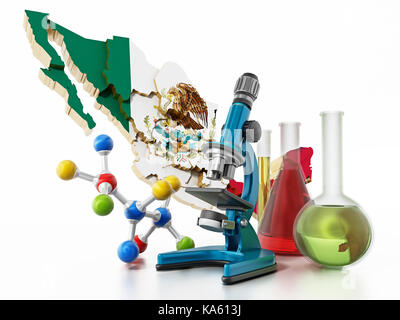 Mappa del Messico e strumenti da laboratorio. stupefacenti concetto. 3d'illustrazione. Foto Stock